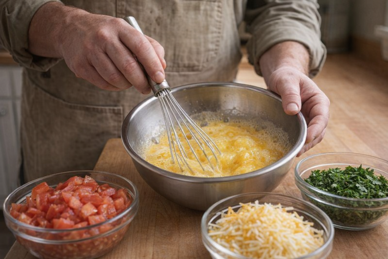 A chef's hands whisking eggs in a stainless steel bowl, with prepped ingredients (diced tomatoes, shredded cheese, chopped herbs) arranged around the bowl